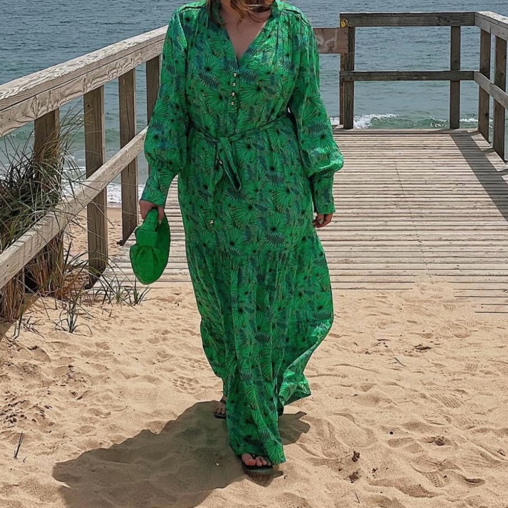 Melissa Odabash Green Wrap Gown with Bishop Sleeves